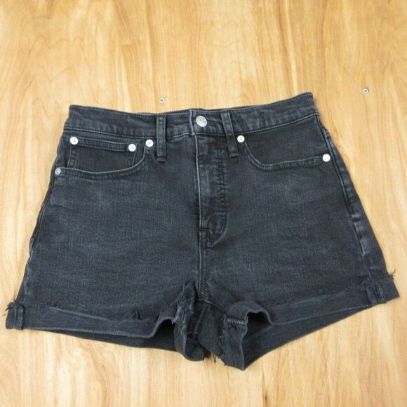 MADEWELL High Rise Denim Shorts Sz 25 (27) Frayed Cuffed Hem Washed Black Jeans - Picture 5 of 11